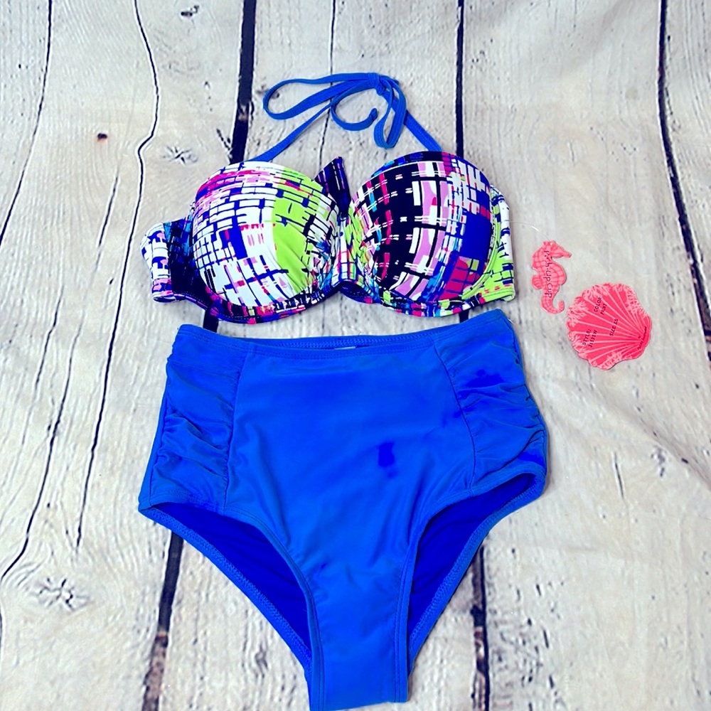 Coral Tropics By Apollo Swimwear Blue Green High Waisted Bikini Swimsuit Set